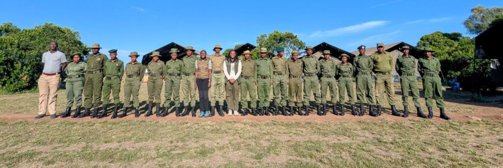 Rangers from partner conservancies lined up at a Wildlife Health Watch training camp in Kenya