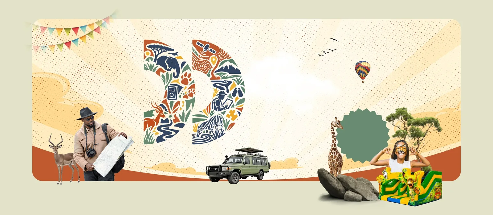 A guide with a map and an impala, a safari vehicle, a giraffe and a girl in tiger face paint on a bouncy castle under festival bunting